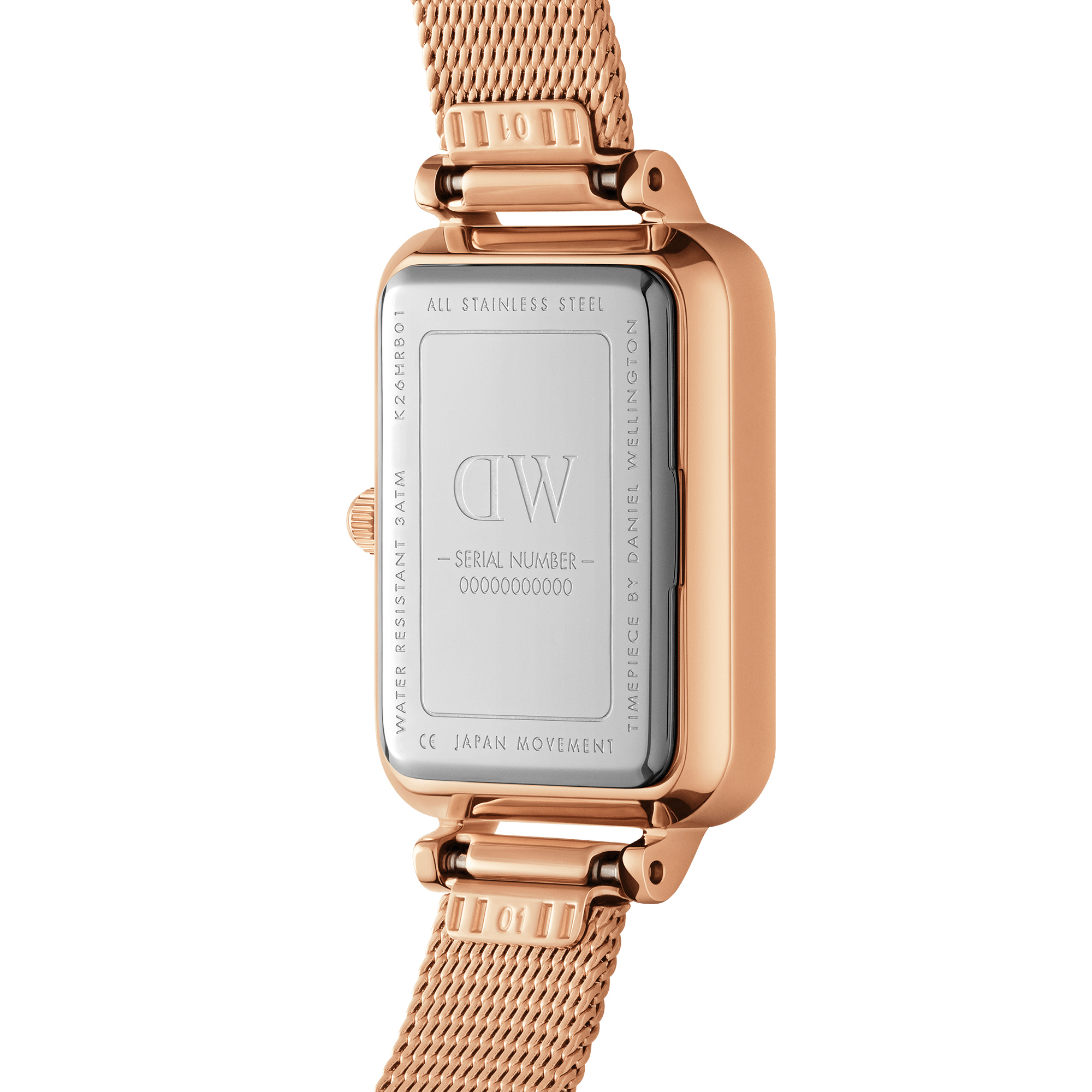 Daniel Wellington Quadro watch caseback showing stainless steel construction and DW logo