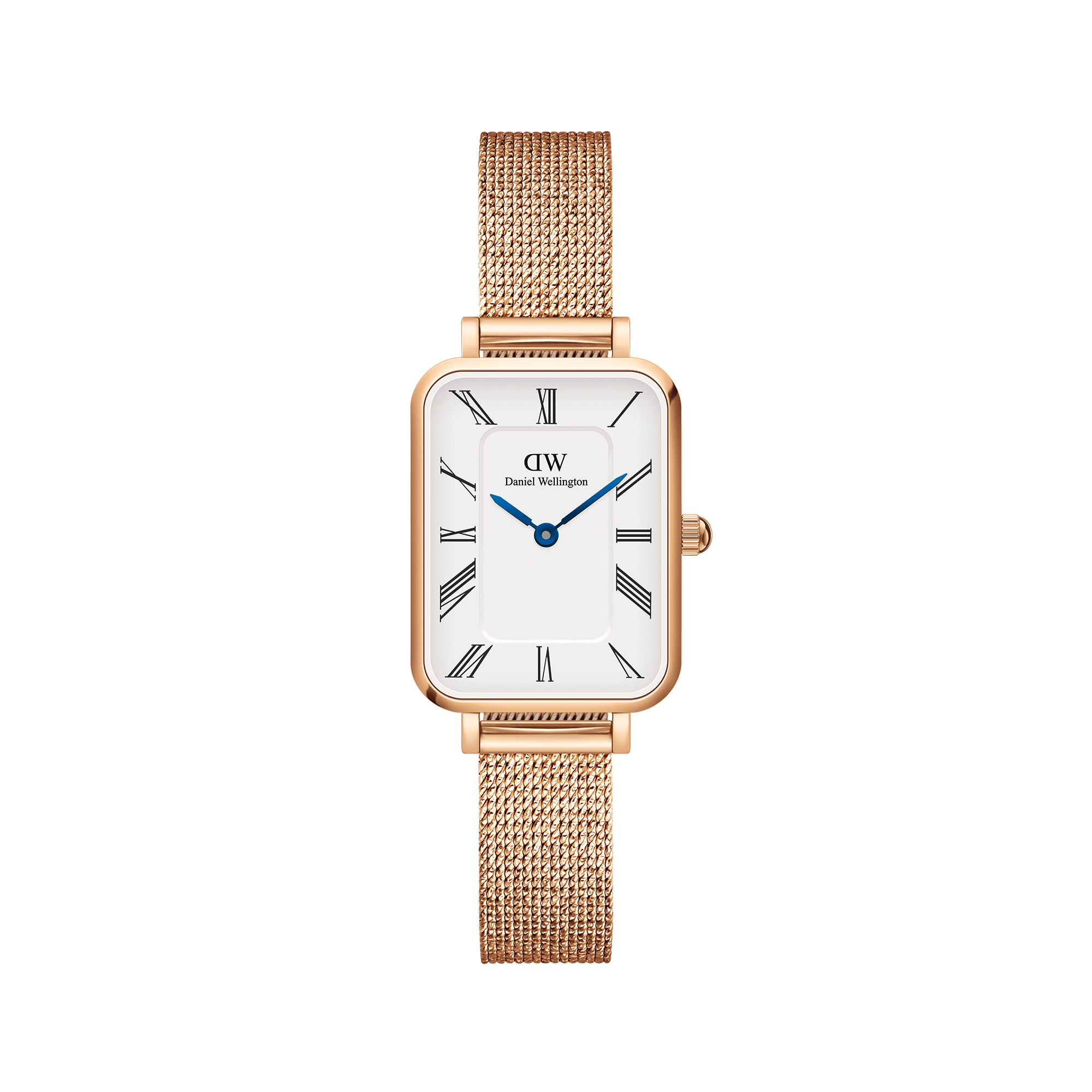 Daniel Wellington Quadro Roman Numerals Melrose women's watch with rose gold mesh strap and white dial