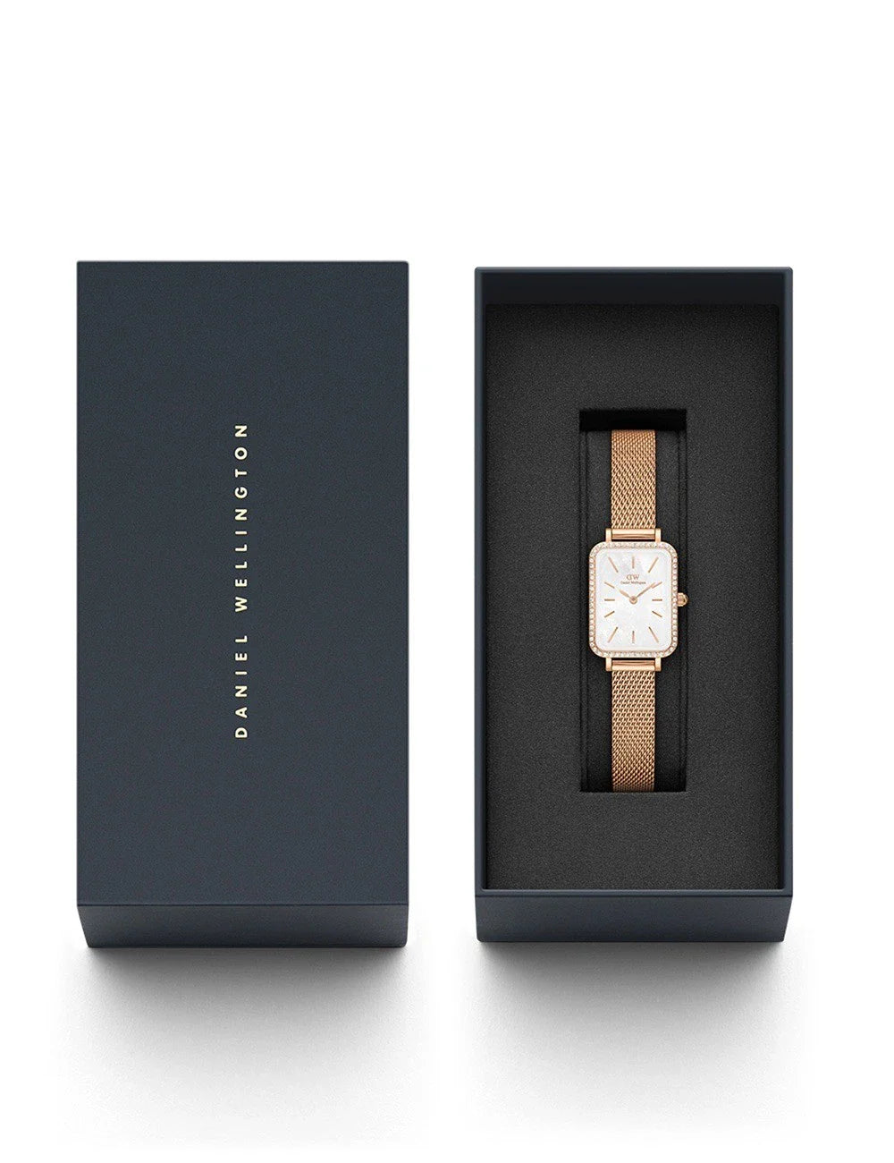 Daniel Wellington Quadro Lumine watch packaged in brand box with Melrose strap