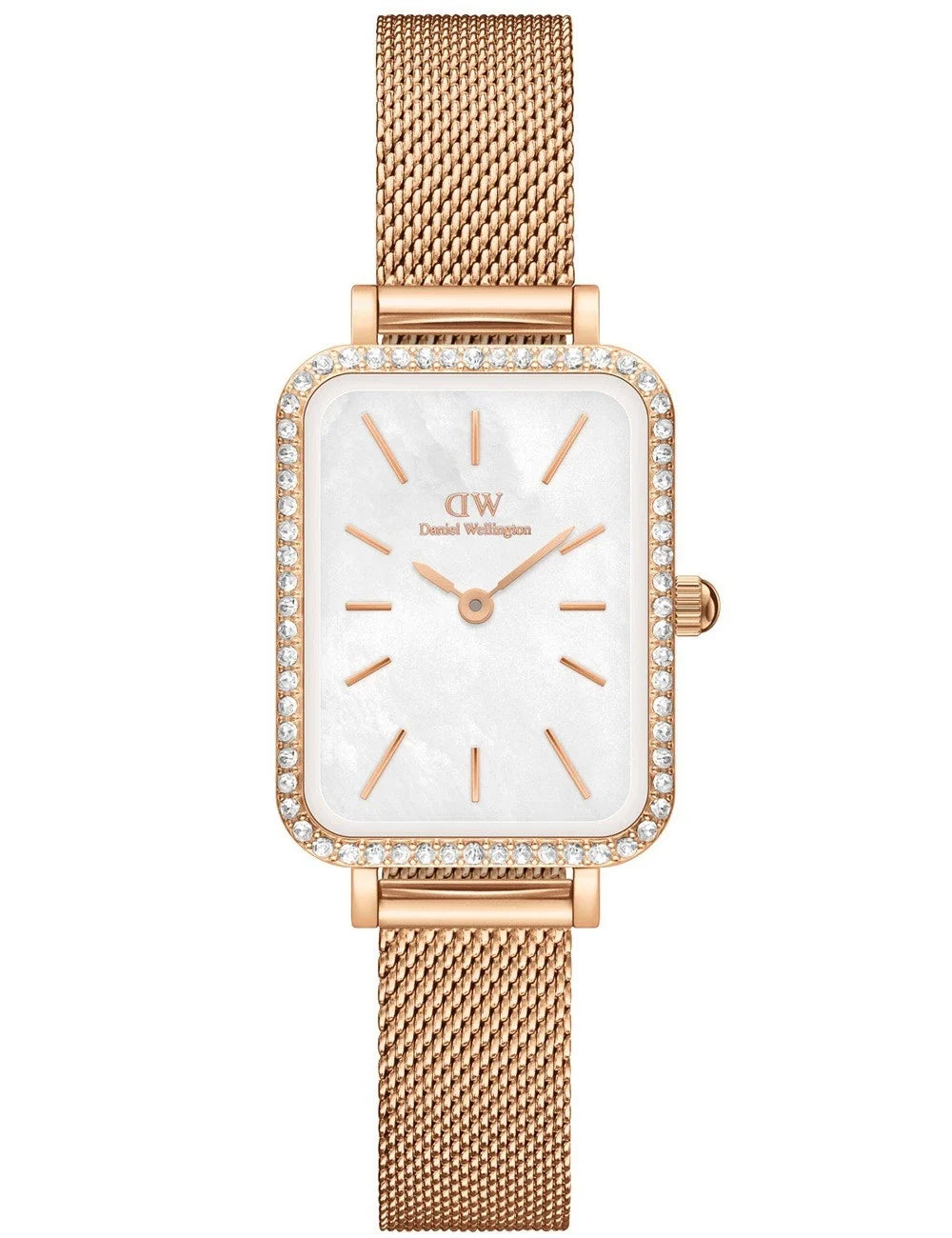 Daniel Wellington Quadro Lumine 26mm rose gold ladies watch with diamond bezel and white dial