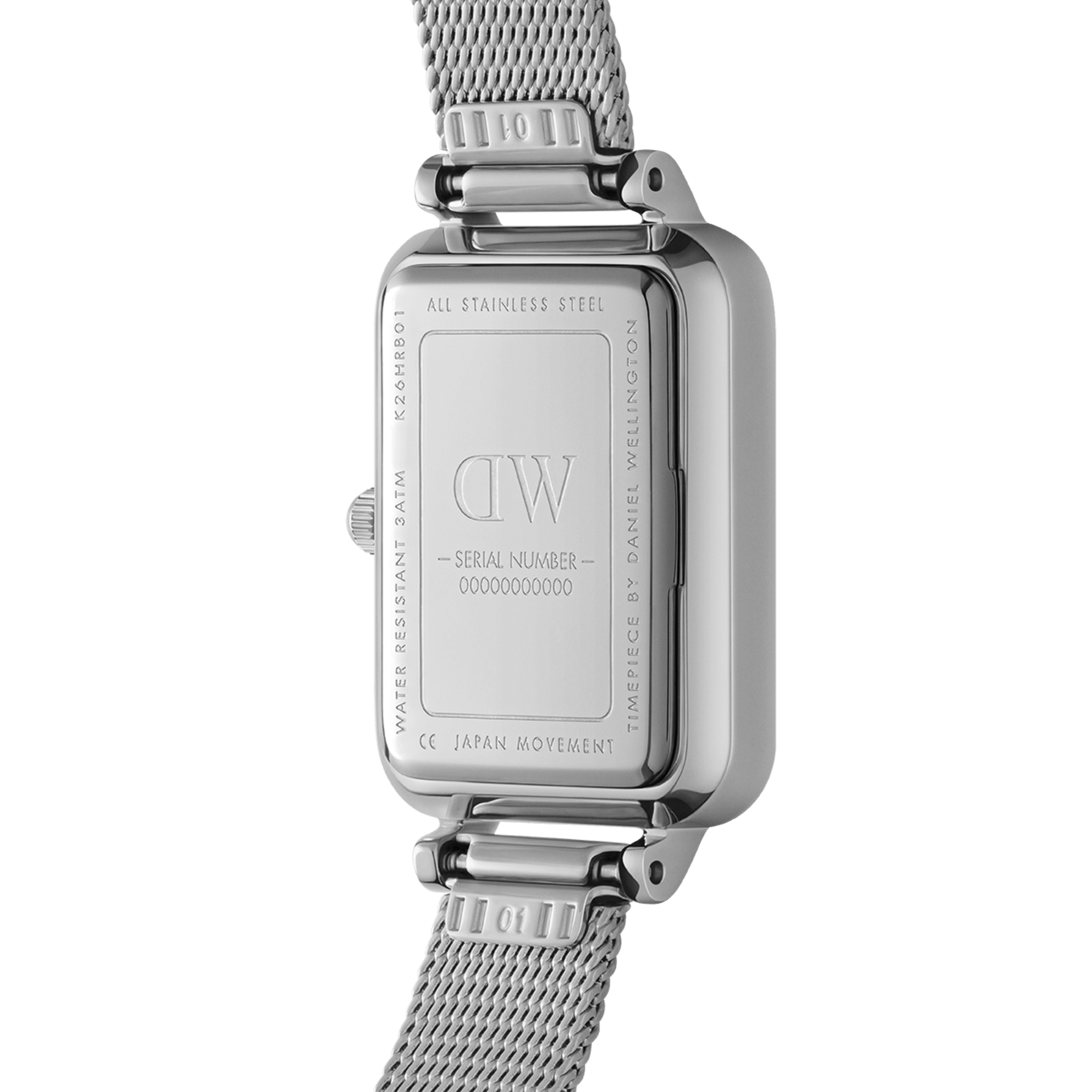 Daniel Wellington Quadro Pressed Piano caseback showing stainless steel case and serial number