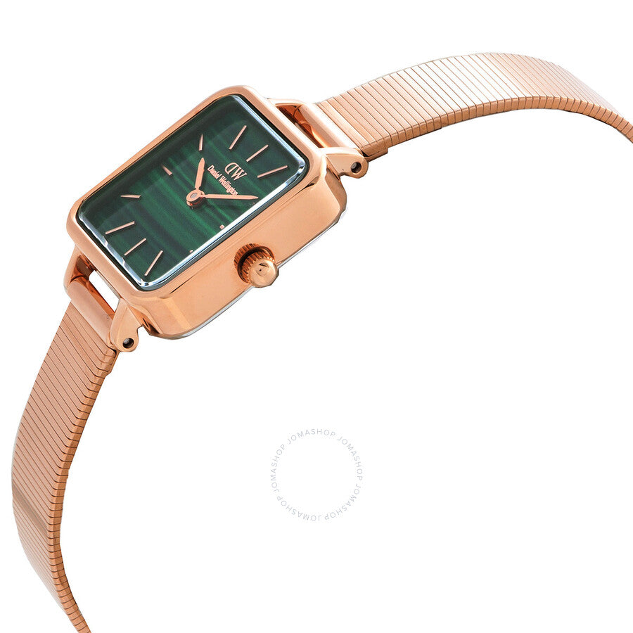 Daniel Wellington Quadro Studio ladies watch angled view showing green dial and rose gold mesh band