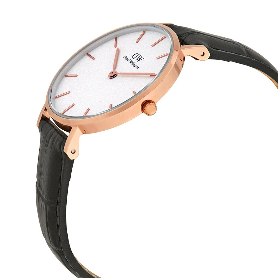 Side angle view of Daniel Wellington Reading watch showing rose gold case and black croc leather strap