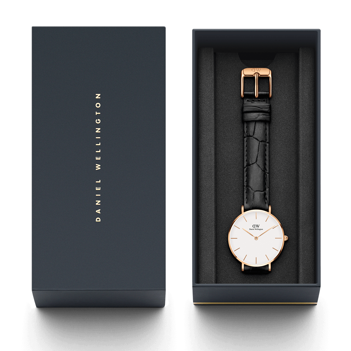 Daniel Wellington Reading watch box set with owner's guide and black crocodile leather strap