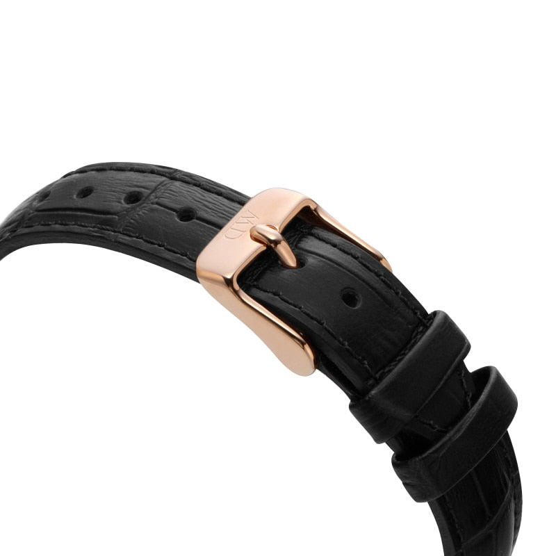Close-up of Daniel Wellington Reading black genuine leather strap with rose gold buckle