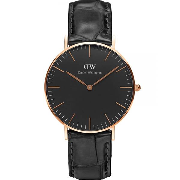 Daniel Wellington Reading 36mm black dial watch with rose gold case and black leather strap