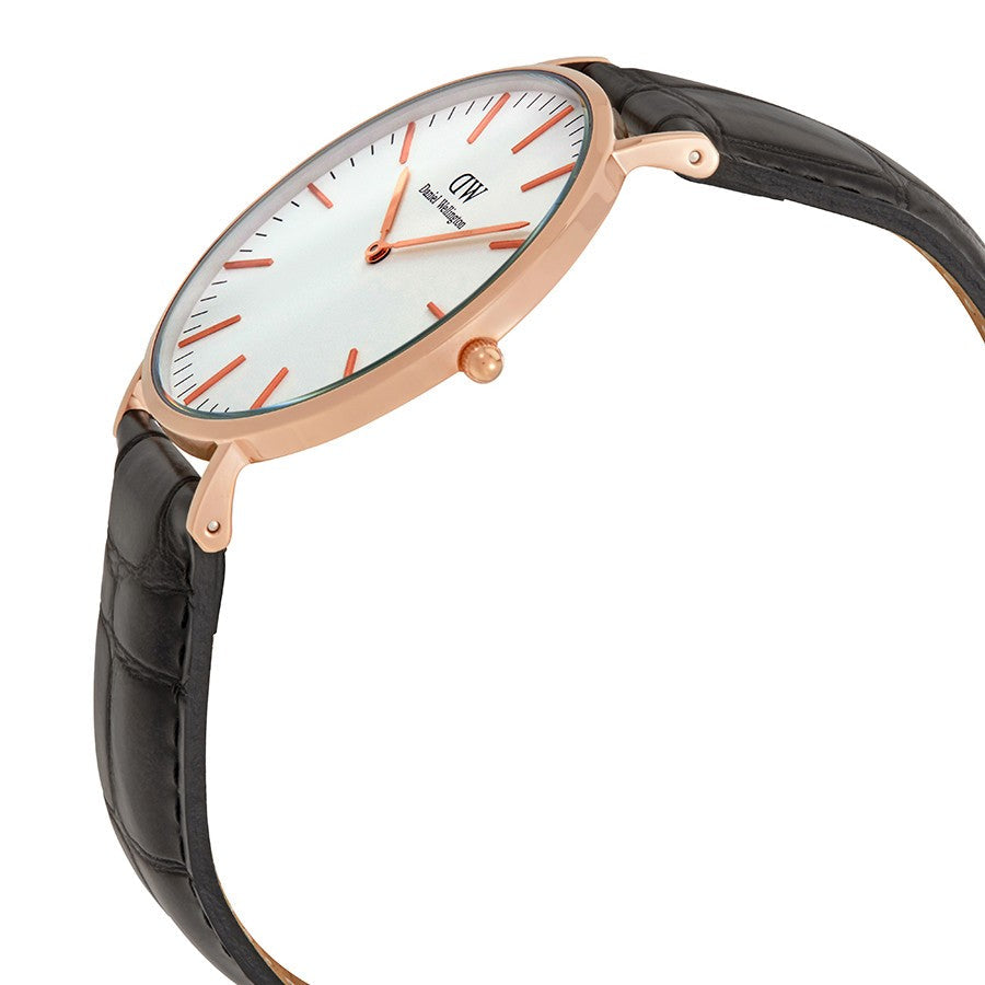 Daniel Wellington Reading watch angled view showing rose gold case and black leather strap