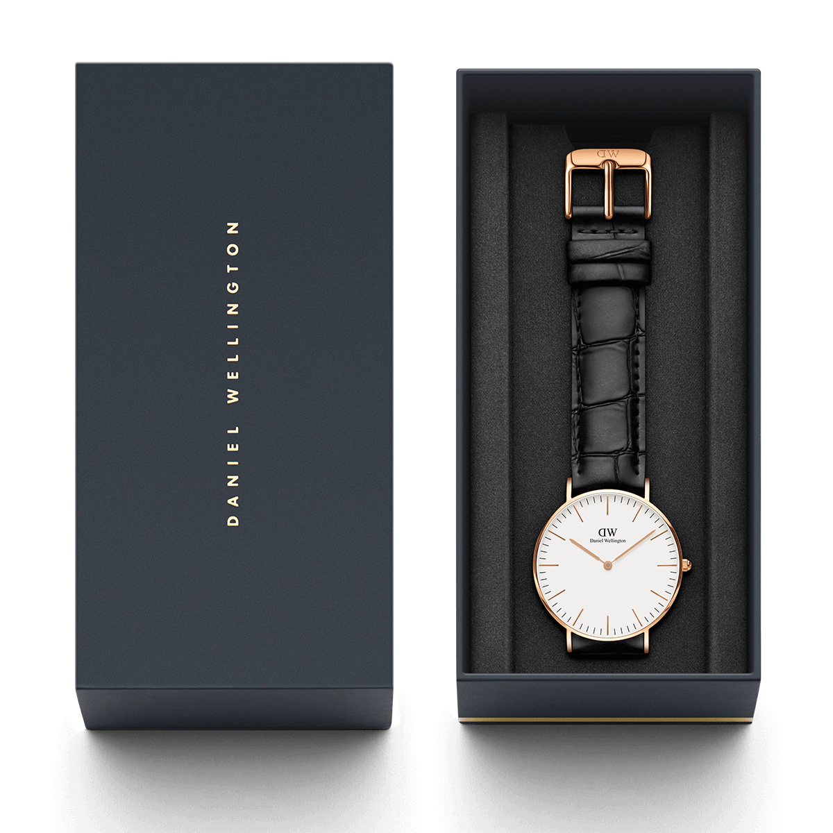 Daniel Wellington Reading watch in branded packaging with black leather strap