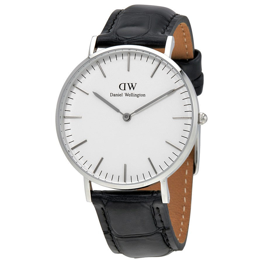 Daniel Wellington Reading 36mm watch with white dial, silver case, and black leather strap
