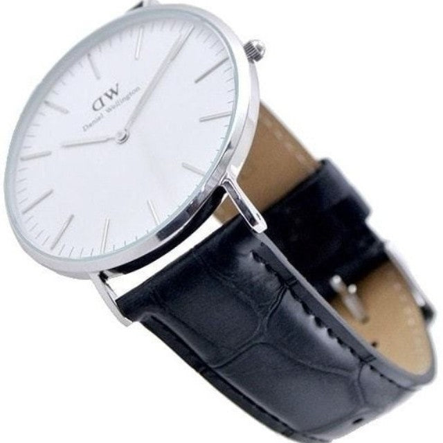Daniel Wellington Reading 36mm watch worn on wrist with black leather strap