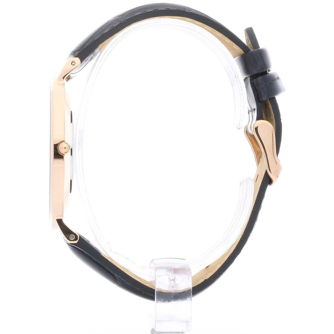 Side profile of Daniel Wellington Reading 40mm watch with rose gold case and black leather strap