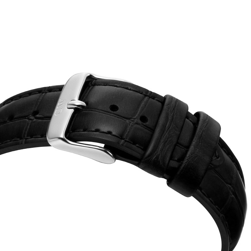 Black genuine leather crocodile-embossed strap with silver buckle closure detail
