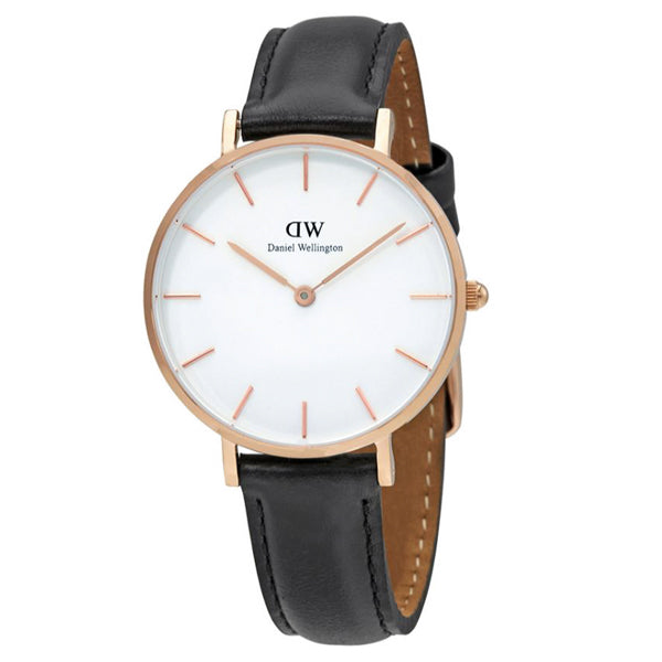 Daniel Wellington Sheffield 32mm White Dial Black Genuine Leather Women's Gold Watch - DW00100174