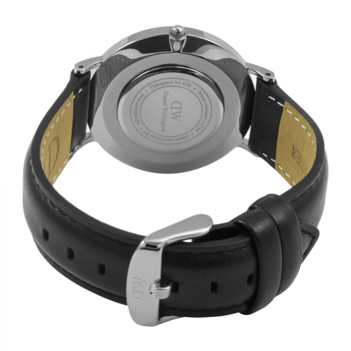 Daniel Wellington Sheffield watch caseback showing engraved case and leather strap details