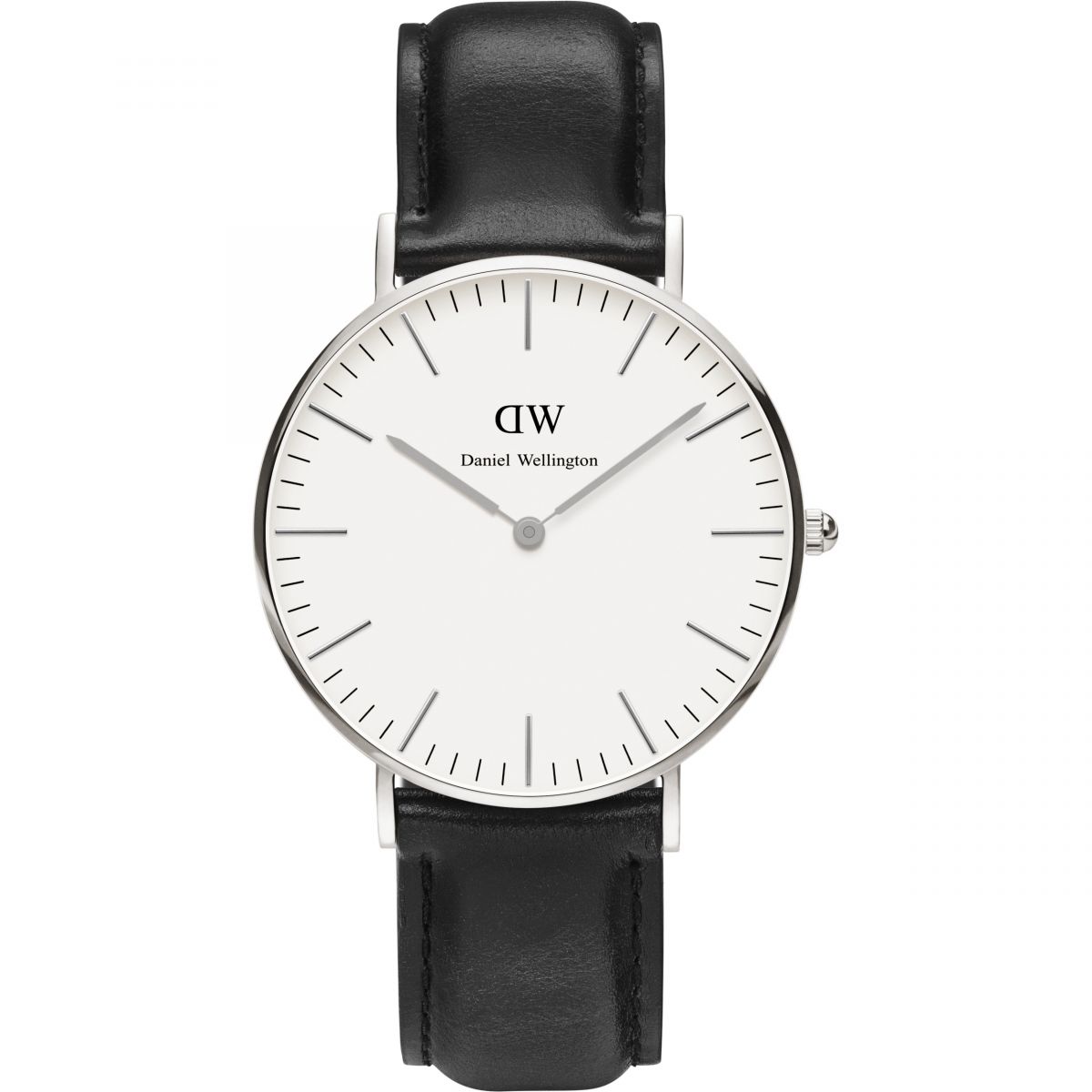 Daniel Wellington Sheffield 36mm watch with white dial, silver case, and black leather strap