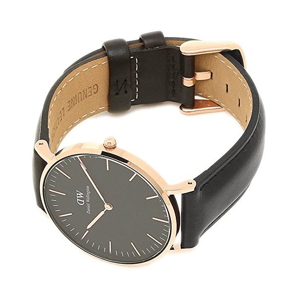 Daniel Wellington Sheffield watch shown from side angle with rose gold case and black leather strap