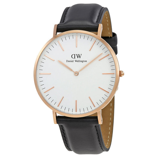 Daniel Wellington Sheffield 40mm gold watch with white dial and black leather strap