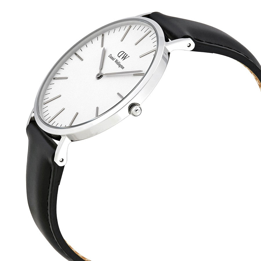 Daniel Wellington Sheffield 40mm silver watch angled view showing white dial and black leather strap