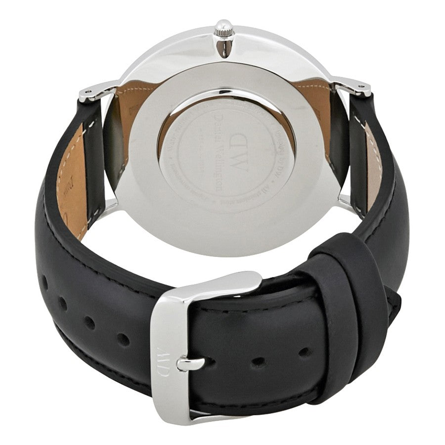 Daniel Wellington Sheffield 40mm watch caseback showing stainless steel case and black leather strap detail