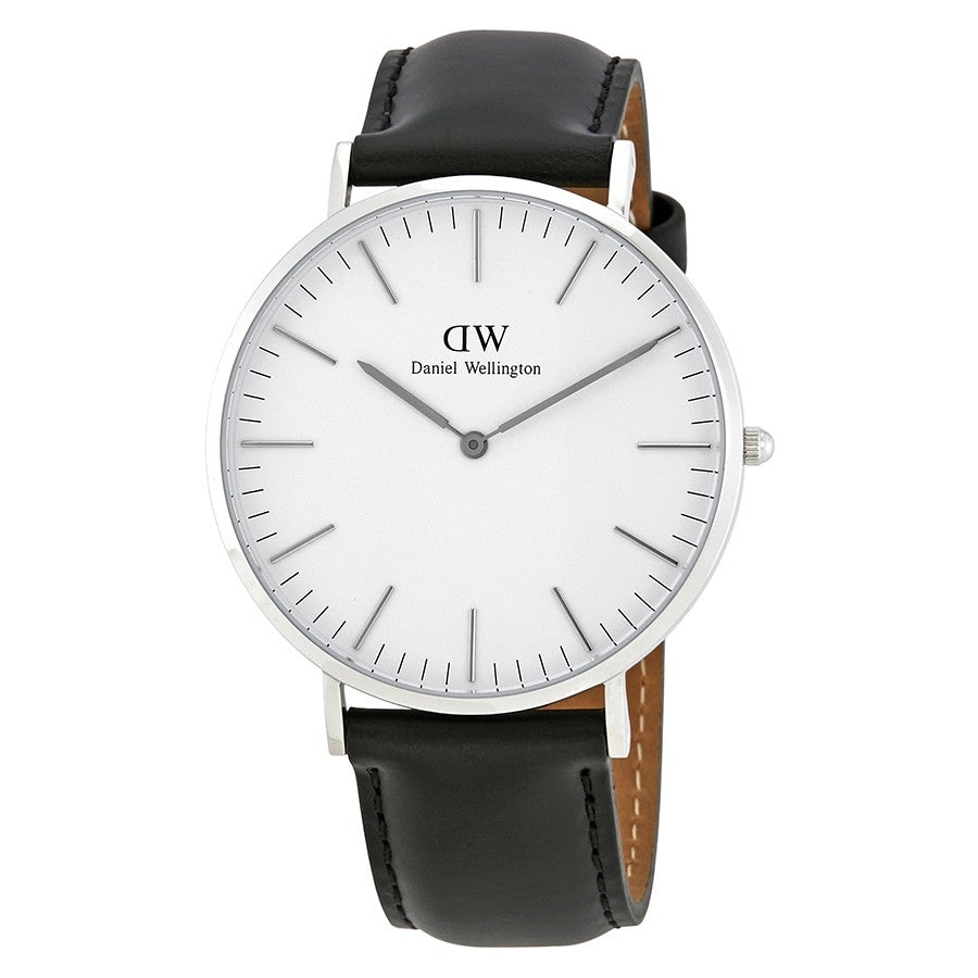 Daniel Wellington Sheffield 40mm silver watch with white dial and black leather strap, front view