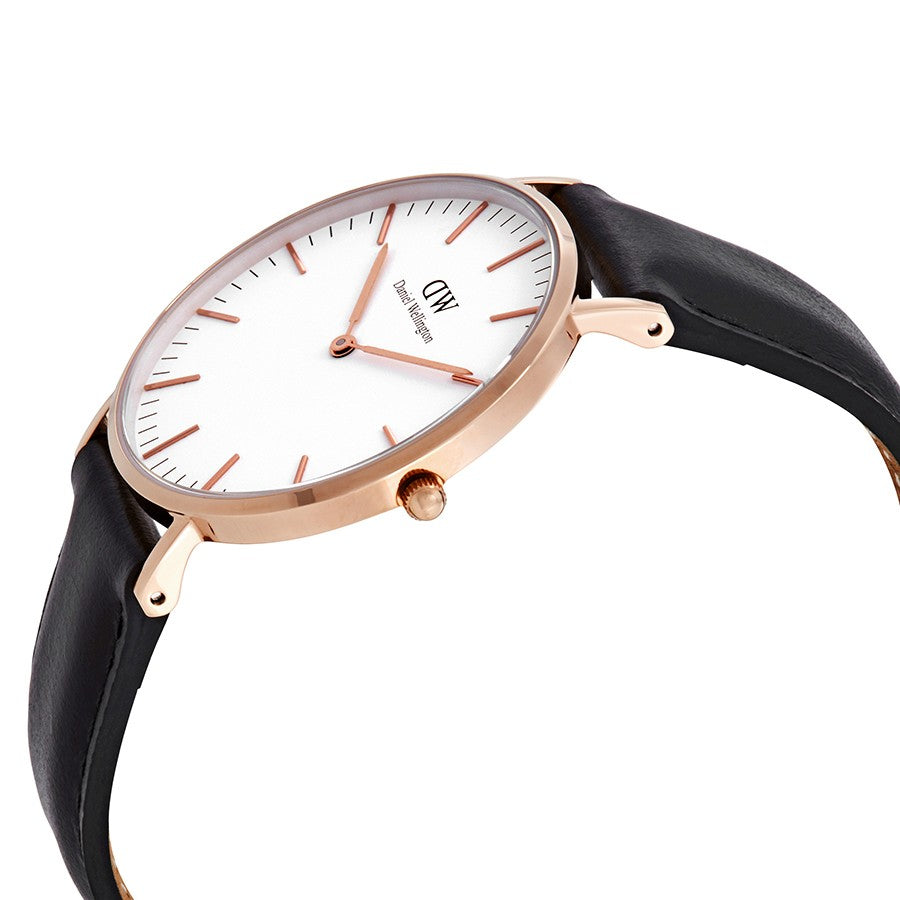 Side angled view of Sheffield watch showing rose gold bezel and black leather strap