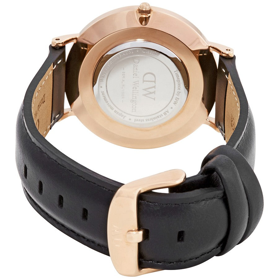 Caseback of Sheffield watch with engraved Daniel Wellington logo and specifications