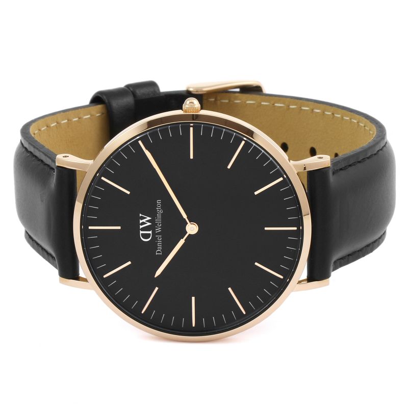 Daniel Wellington Sheffield 40mm watch angled view showing rose gold case and black leather strap