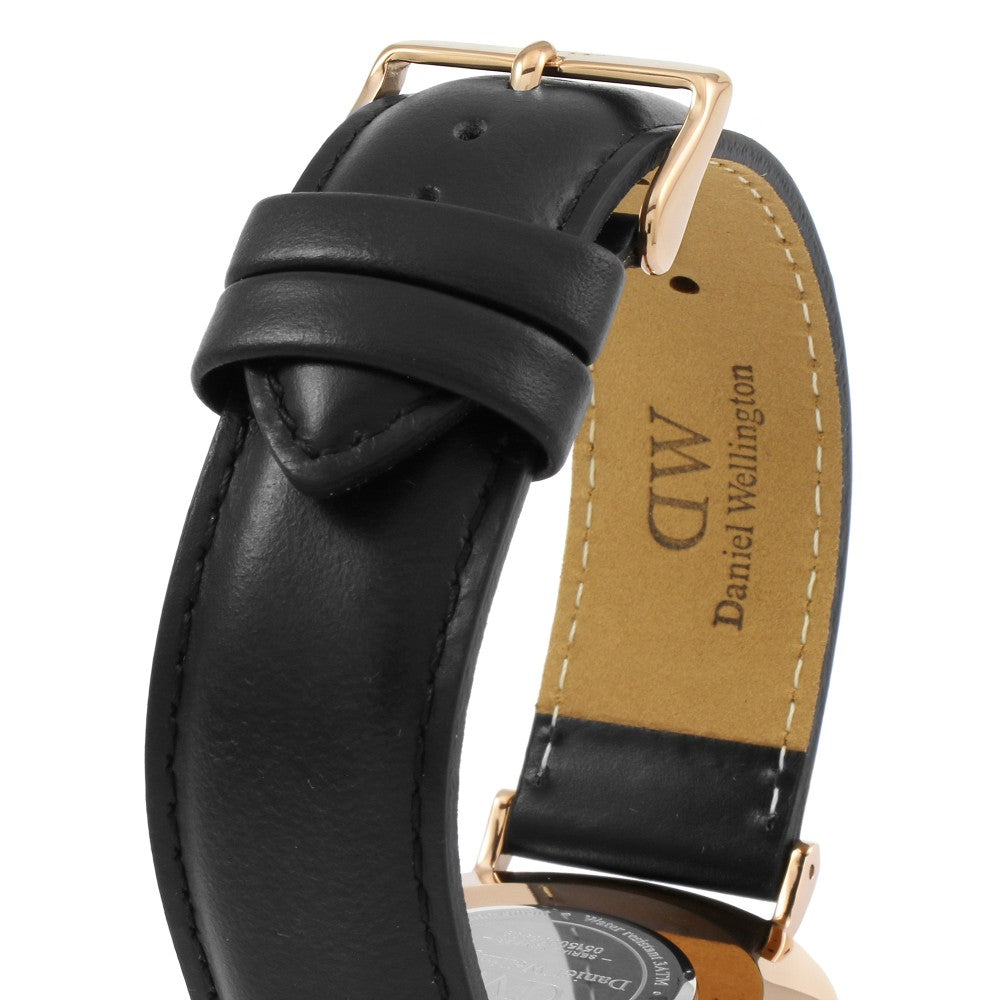 Daniel Wellington Sheffield black genuine leather strap with rose gold buckle and tan suede lining