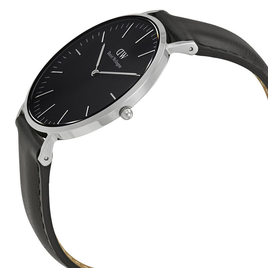 Side angle view of Daniel Wellington Sheffield watch showing case profile and black leather strap