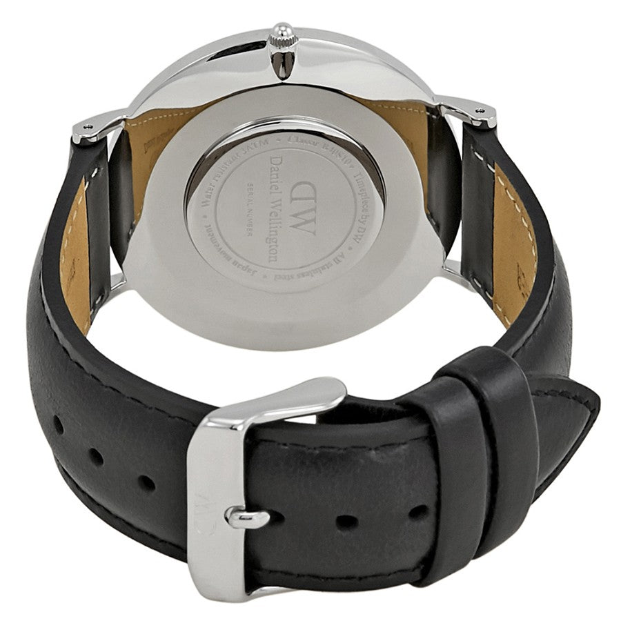 Daniel Wellington Sheffield caseback showing engraved DW logo and leather strap detail