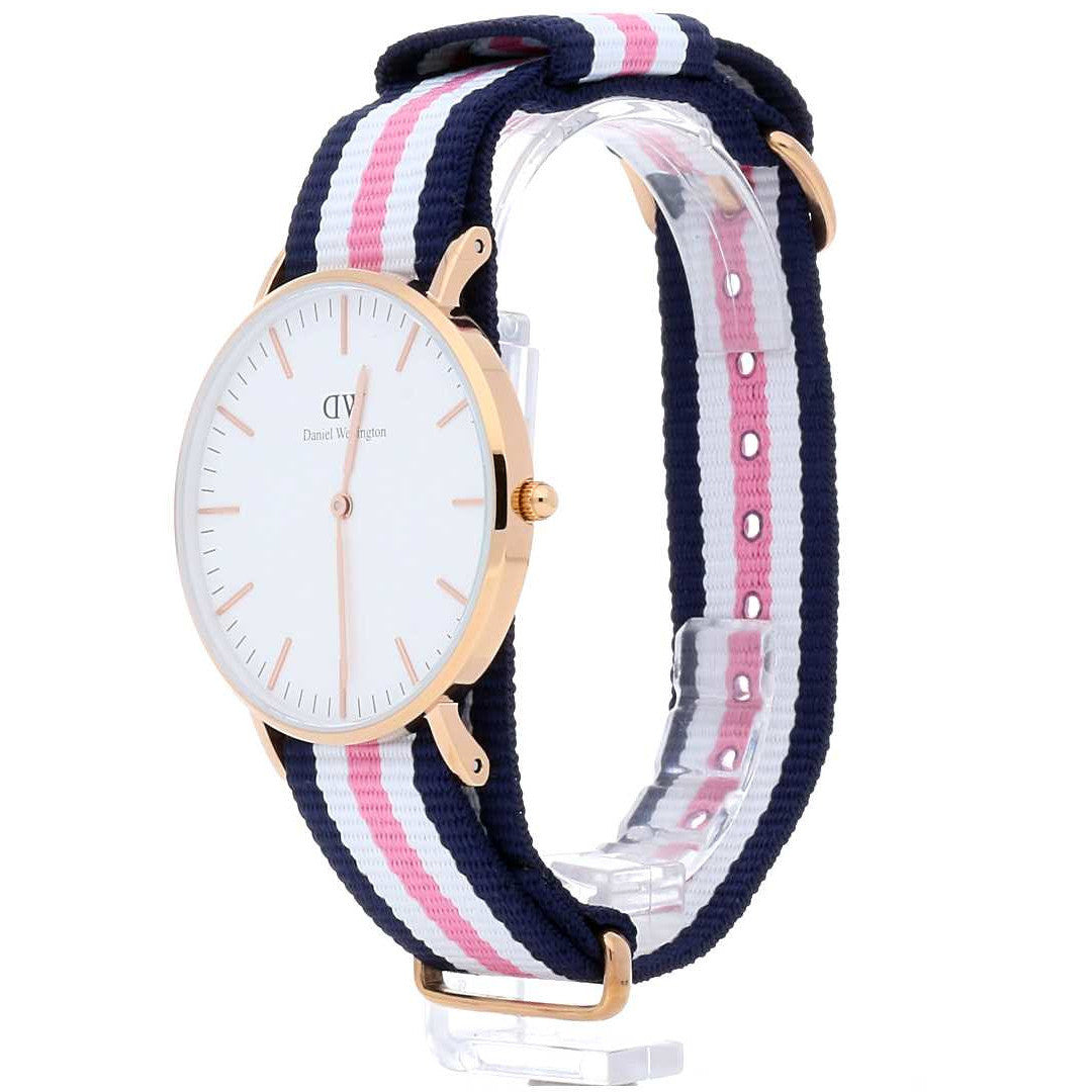 Daniel Wellington Southampton watch shown at angle displaying white dial, rose gold case, and full tricolour fabric strap