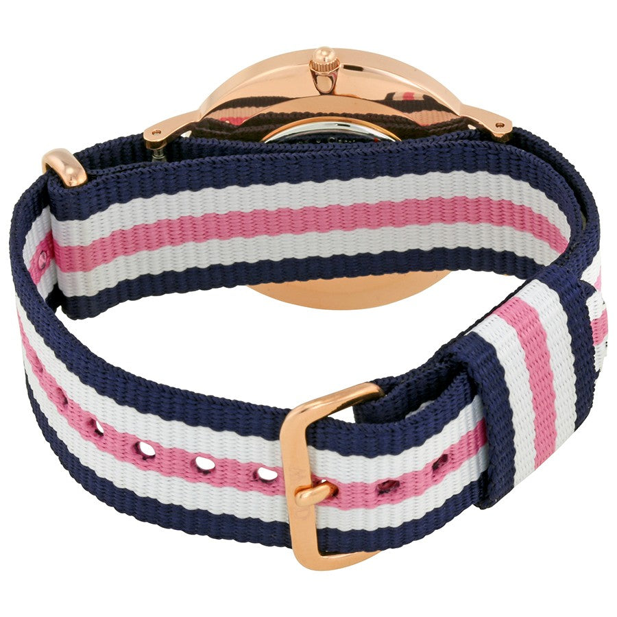 Daniel Wellington Southampton watch strap detail showing navy, pink, and white horizontal stripes with rose gold hardware