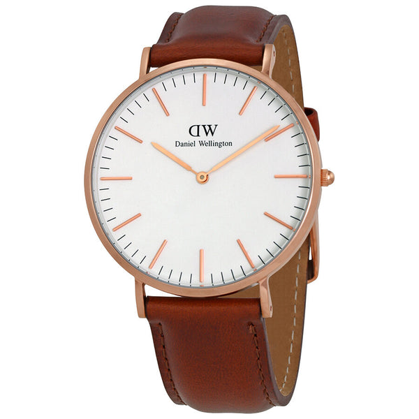 Daniel Wellington St Mawes 40mm rose gold watch with white dial and brown leather strap