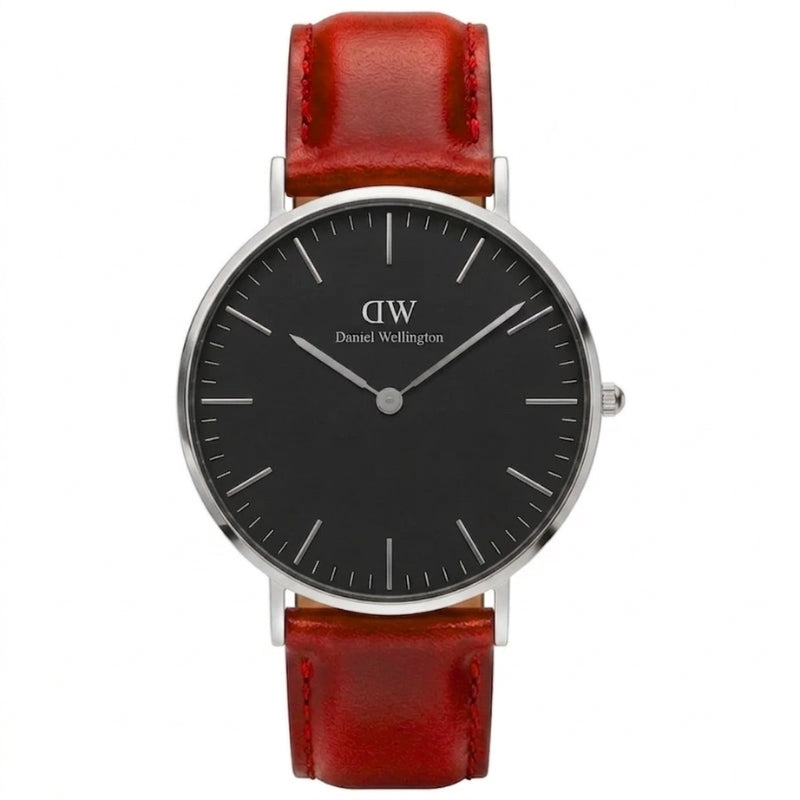 Daniel Wellington St Mawes 40mm silver watch with black dial and red-brown leather strap