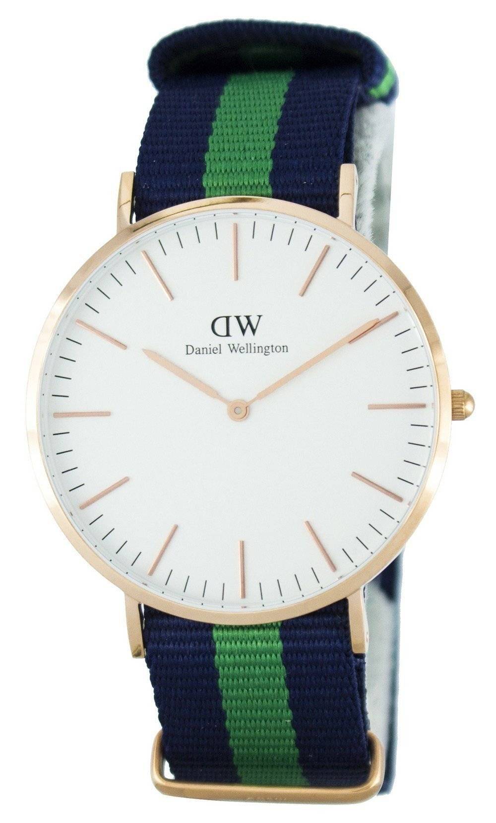 Daniel Wellington Warwick 40mm gold watch with white dial and blue-green striped NATO strap
