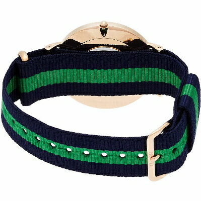 Navy blue and green striped NATO strap with gold buckle hardware on Warwick 40mm watch
