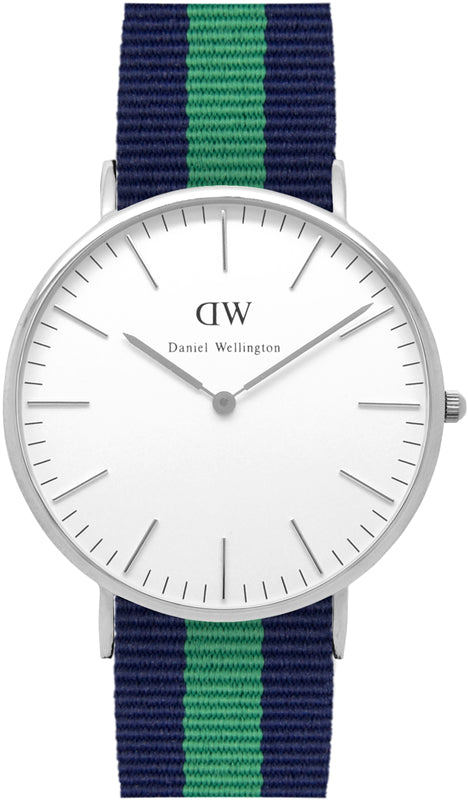 Daniel Wellington Warwick 40mm watch with white dial, silver case, and navy green striped NATO strap