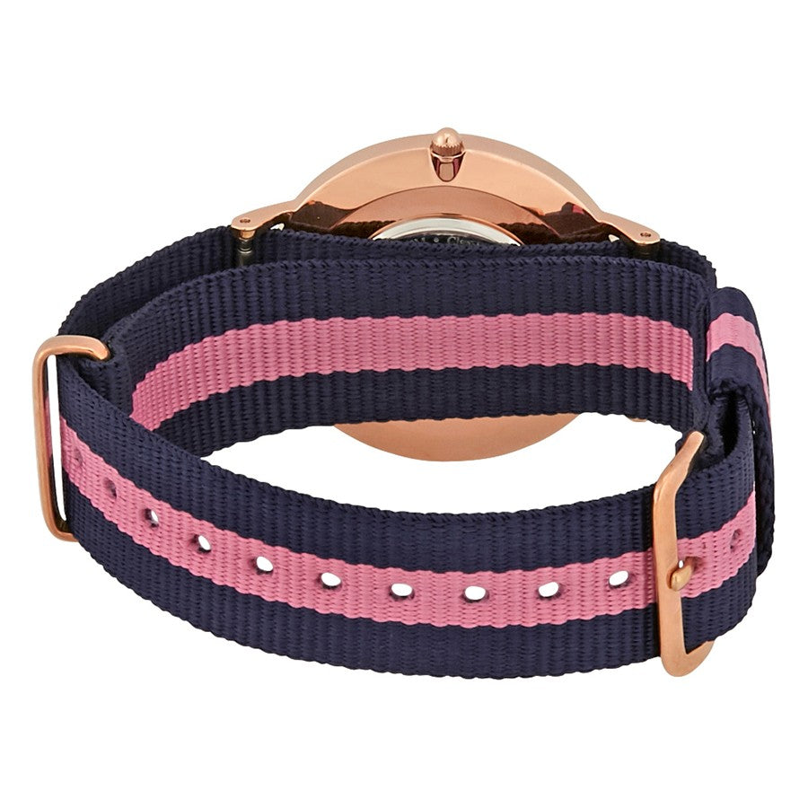 Winchester watch strap detail showing navy and pink striped fabric with rose gold hardware