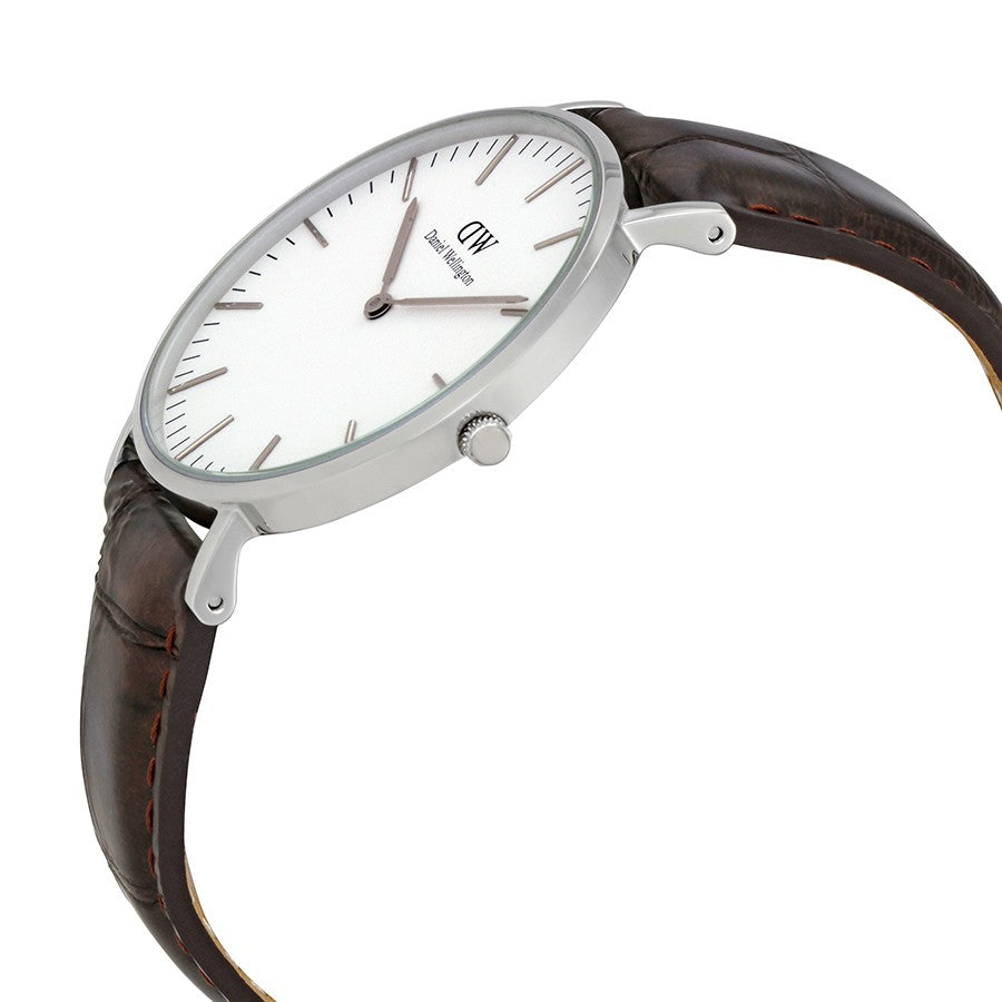 Daniel Wellington York watch angled view showing silver case and black leather strap