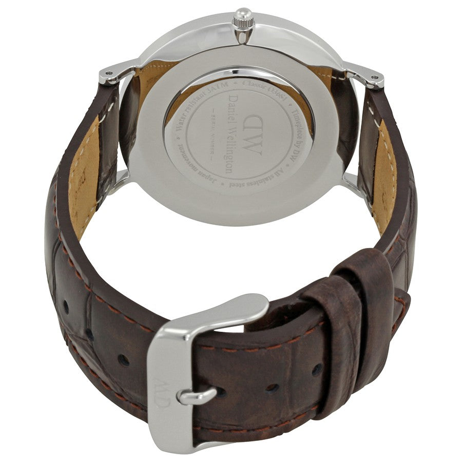 Daniel Wellington York 36mm caseback showing engraved case and brown leather interior