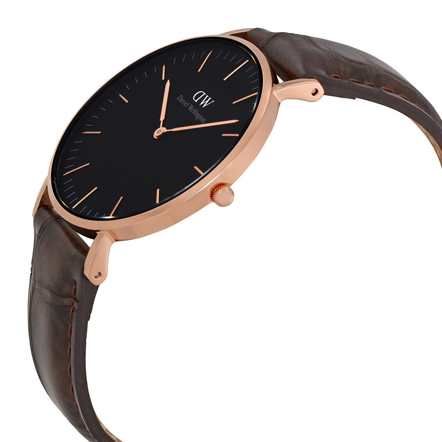 Daniel Wellington York 36mm watch angled side profile with black dial and rose gold case