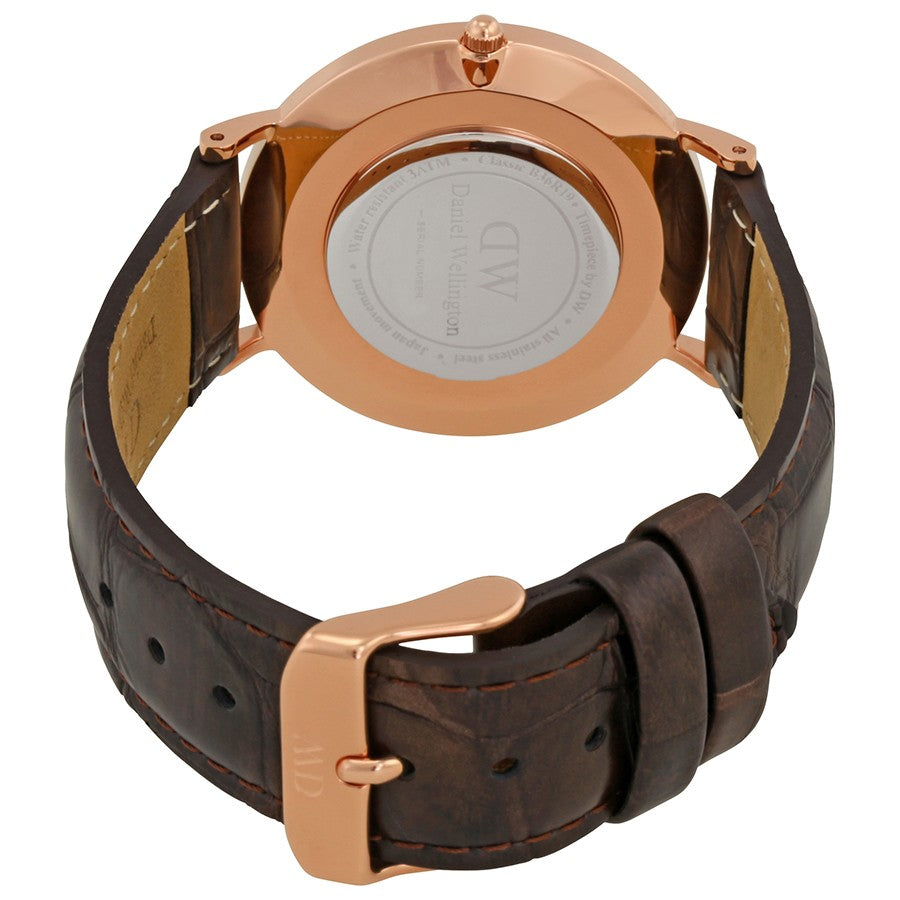 Daniel Wellington York watch caseback showing engraved DW logo and rose gold case