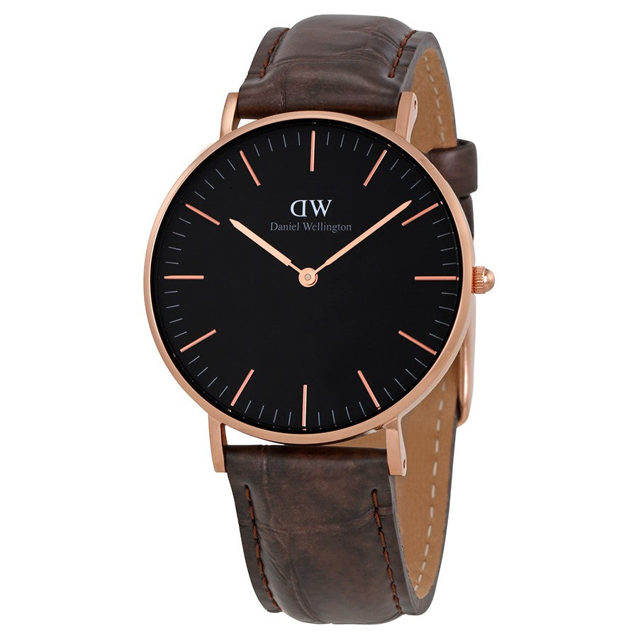 Daniel Wellington York 36mm watch with black dial, rose gold case and brown leather strap