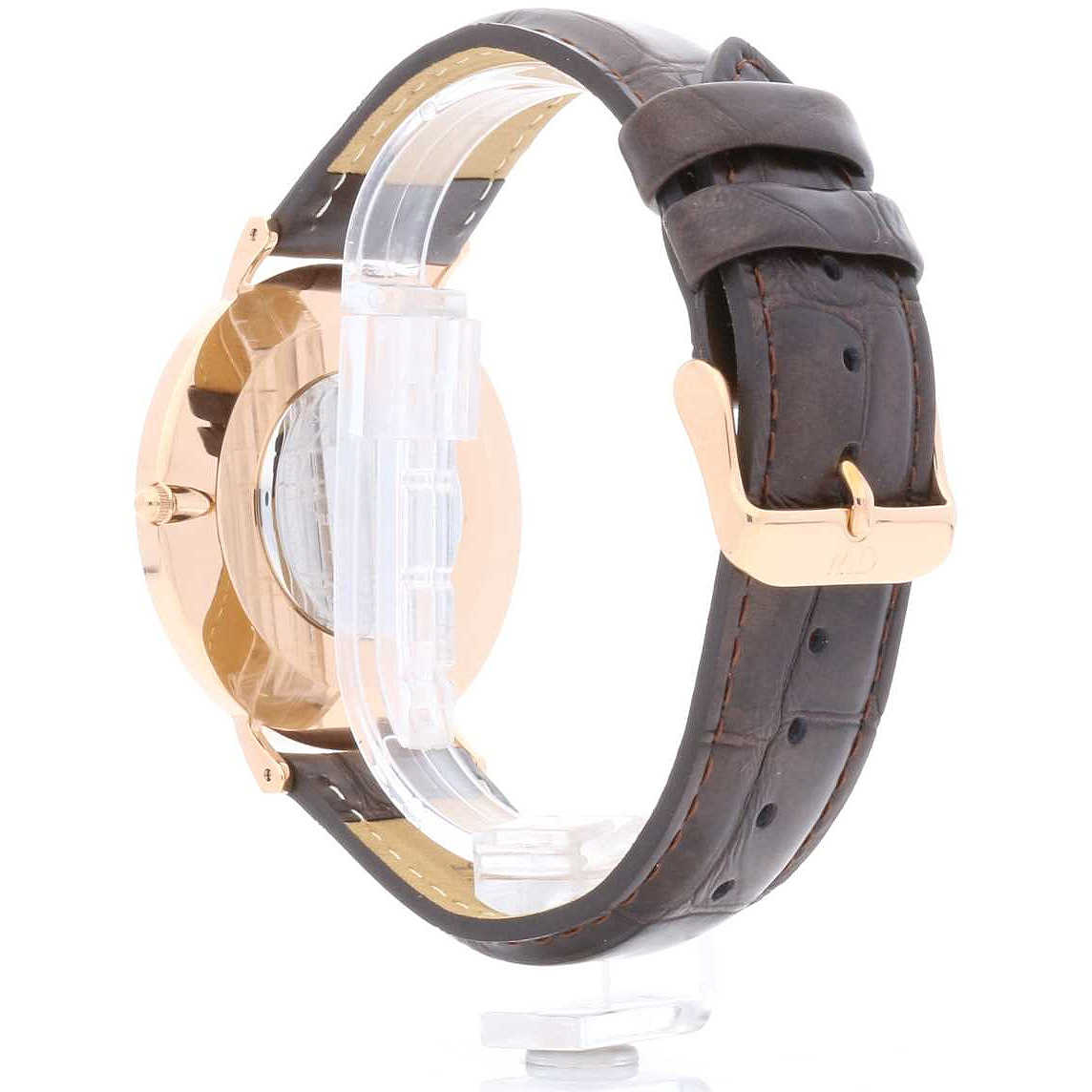 Daniel Wellington York gold case and black leather strap detail view