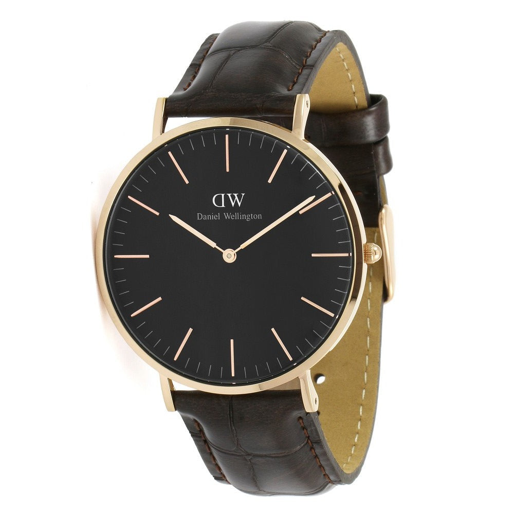 Daniel Wellington York 40mm black dial gold watch with black leather strap
