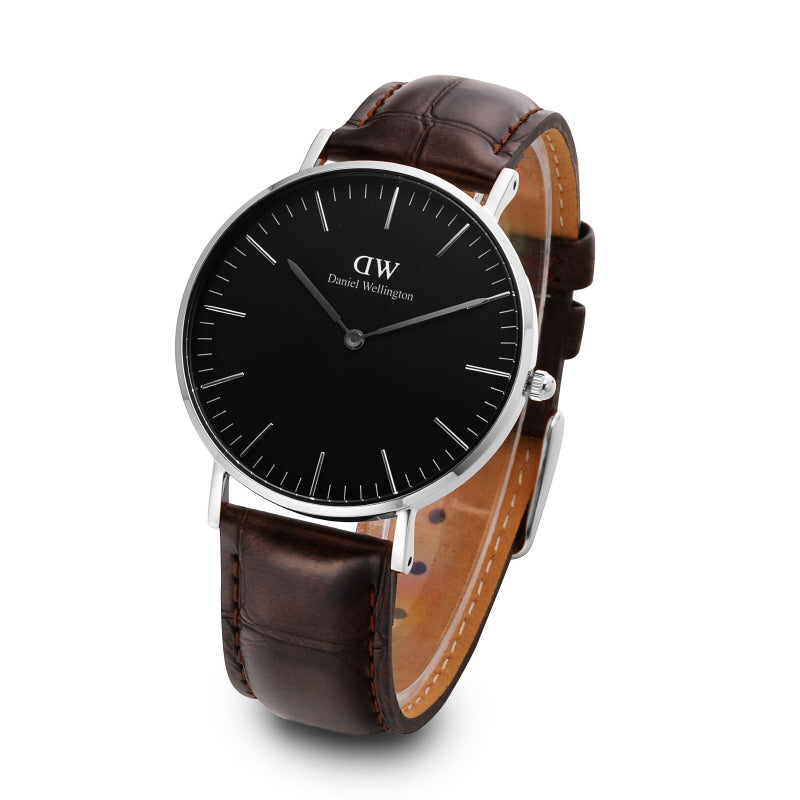 Daniel Wellington York 40mm Black Dial Genuine Leather Men's Silver Watch - DW00100134