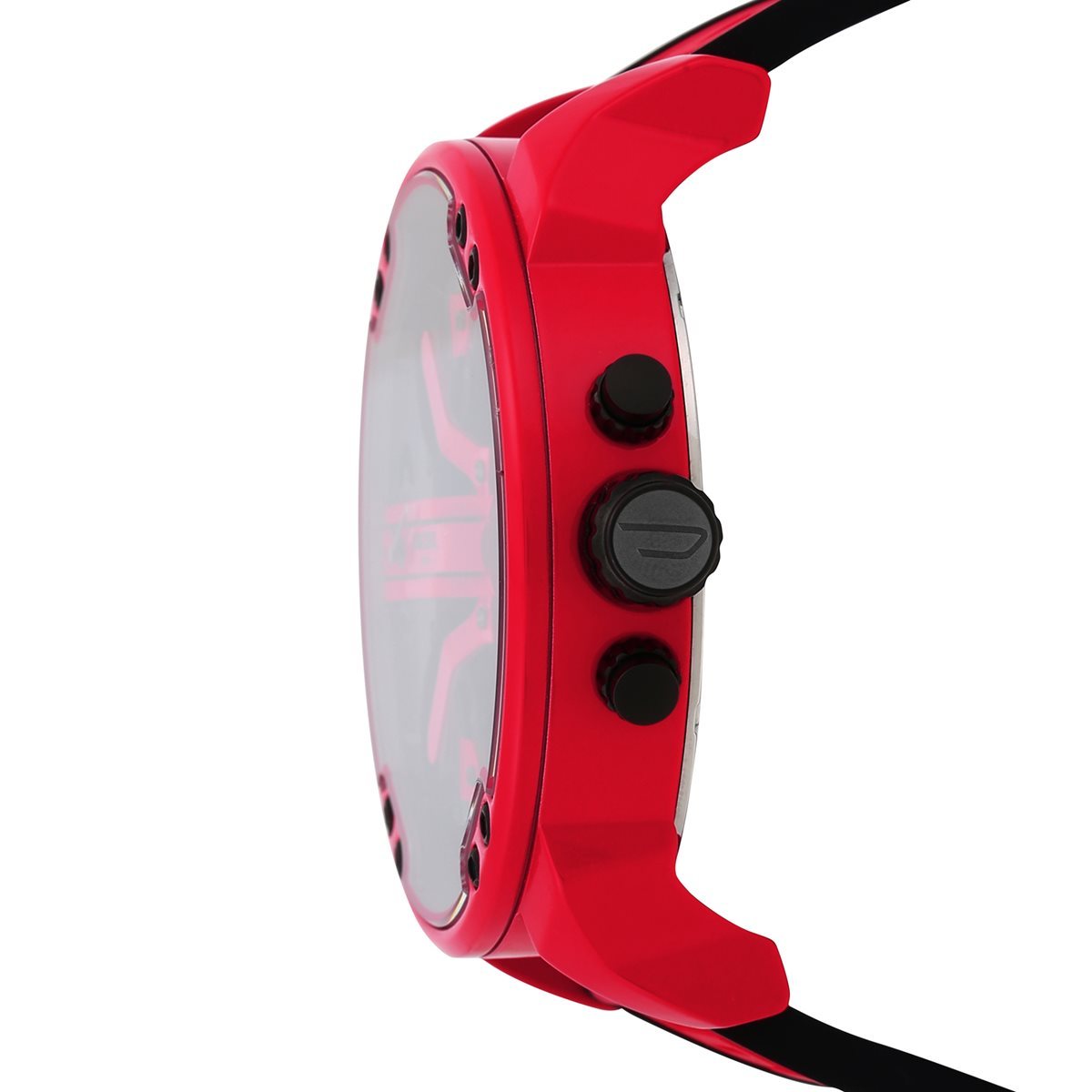 Side profile of red Diesel Big Daddy 2.0 DZ7431 watch showing case thickness and pushers