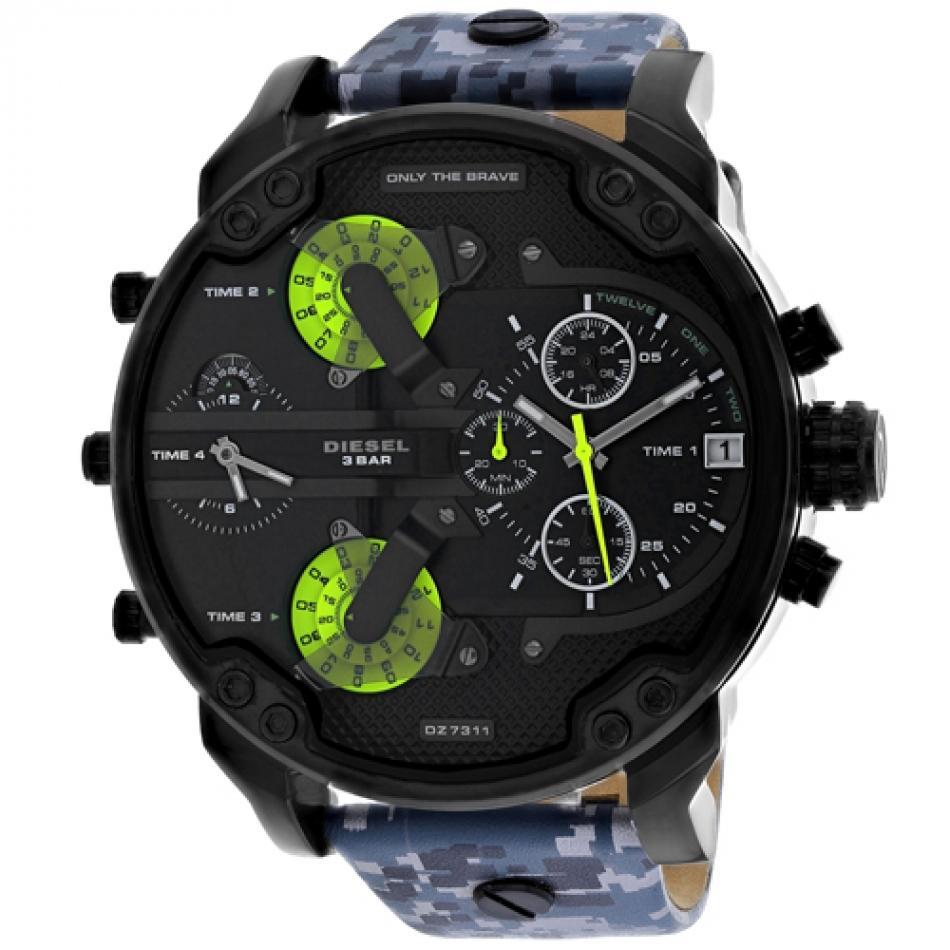 Diesel Big Daddy DZ7311 mens watch with black case and lime green dual time zone subdials