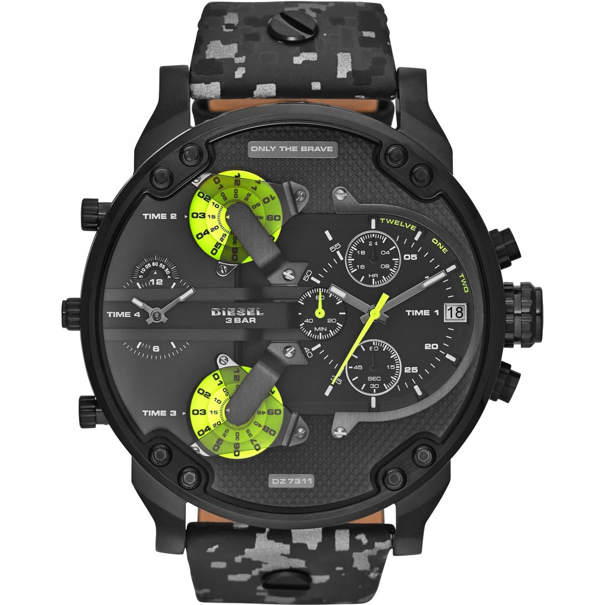 Diesel Big Daddy DZ7311 watch face with multiple time zone dials and bright lime subdials