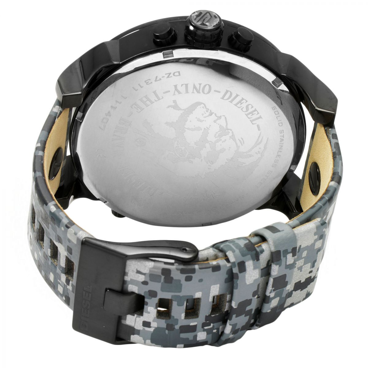 Diesel Big Daddy DZ7311 case back with engraved branding and digital camo leather strap